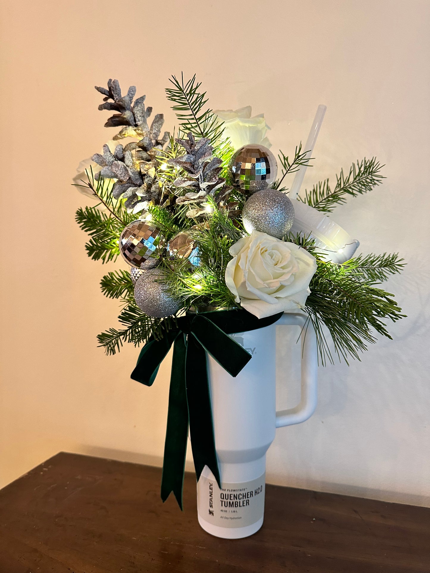 Winter Greens Stanley Tumbler Arrangement –(Light-Up Edition)